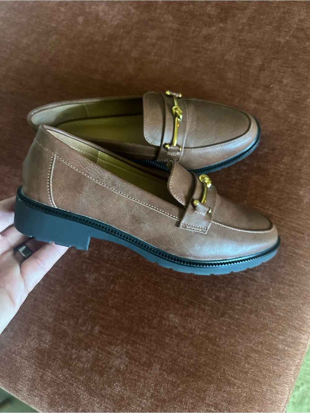 Women's Brown Loafers with Gold Bar Accent - Picture 3 of 5